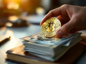 Businessman's hand holding gold cryptocurrency coin above stack of paper money bills on modern desk