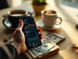 Smartphone displaying cryptocurrency trading charts held over stack of hundred dollar bills with coffee cup on desk
