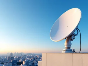 White GEODNET base station antenna with dome receiver mounted on rooftop against blue sky, urban cityscape below.