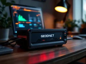GEODNET mining device with illuminated LEDs on wooden desk, ethernet cables connected, laptop showing signal bars in background