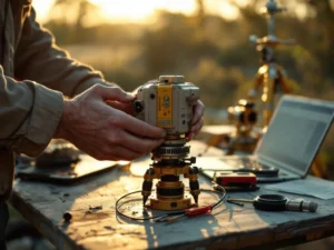 Technician adjusting GEODNET GPS receiver on surveying tripod with laptop displaying satellite data on outdoor table