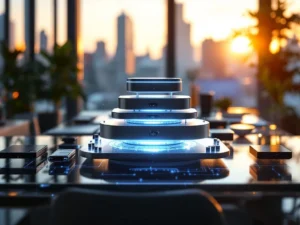 IoT control hub on glass desk with connected smart devices arranged in ascending tiers, blue LED lights, modern office setting