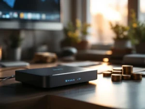 IoT device with blue LED lights on modern desk next to cash stacks, connected to edge computing router via ethernet cables.