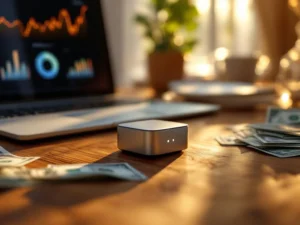 IoT sensor device on wooden desk beside laptop showing revenue charts with scattered dollar bills in golden sunlight.