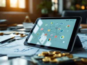 Digital tablet showing IoT network diagrams on desk with financial documents, calculator printouts, coins and cash below
