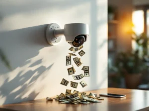 Modern security camera on white wall with dollar bills flowing from beneath onto wooden desk in golden lighting