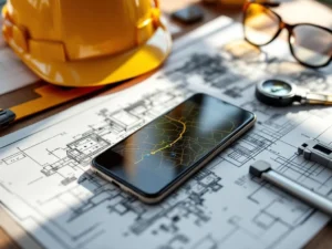 Smartphone with GPS navigation app on surveying maps and blueprints with theodolite, calipers, and safety equipment on desk