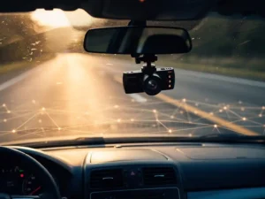 Dashcam mounted on a car windshield overlooking a sunlit road with a glowing AI network overlay on the asphalt, warm amber light.